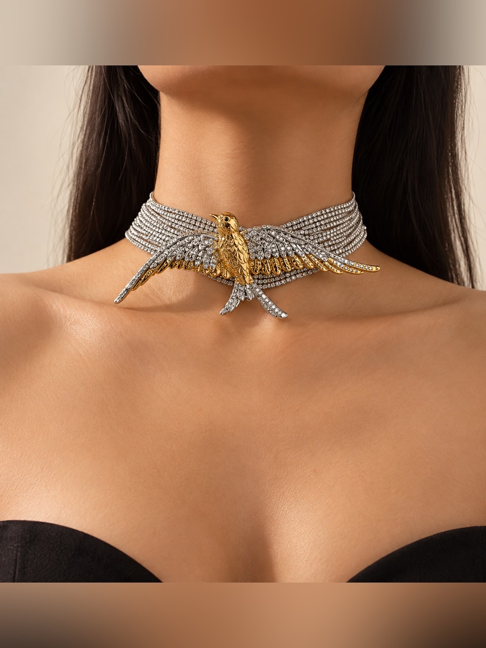 Gold & Silver Luxe Crystal Phoenix Bird Choker